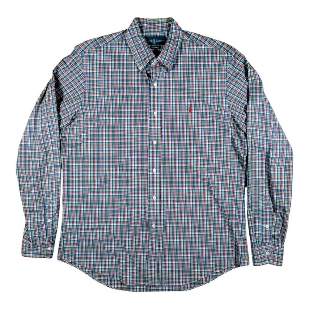 Ralph Lauren Men's Vintage Blue Plaid Custom Fit Button Down Shirt EUC Size L